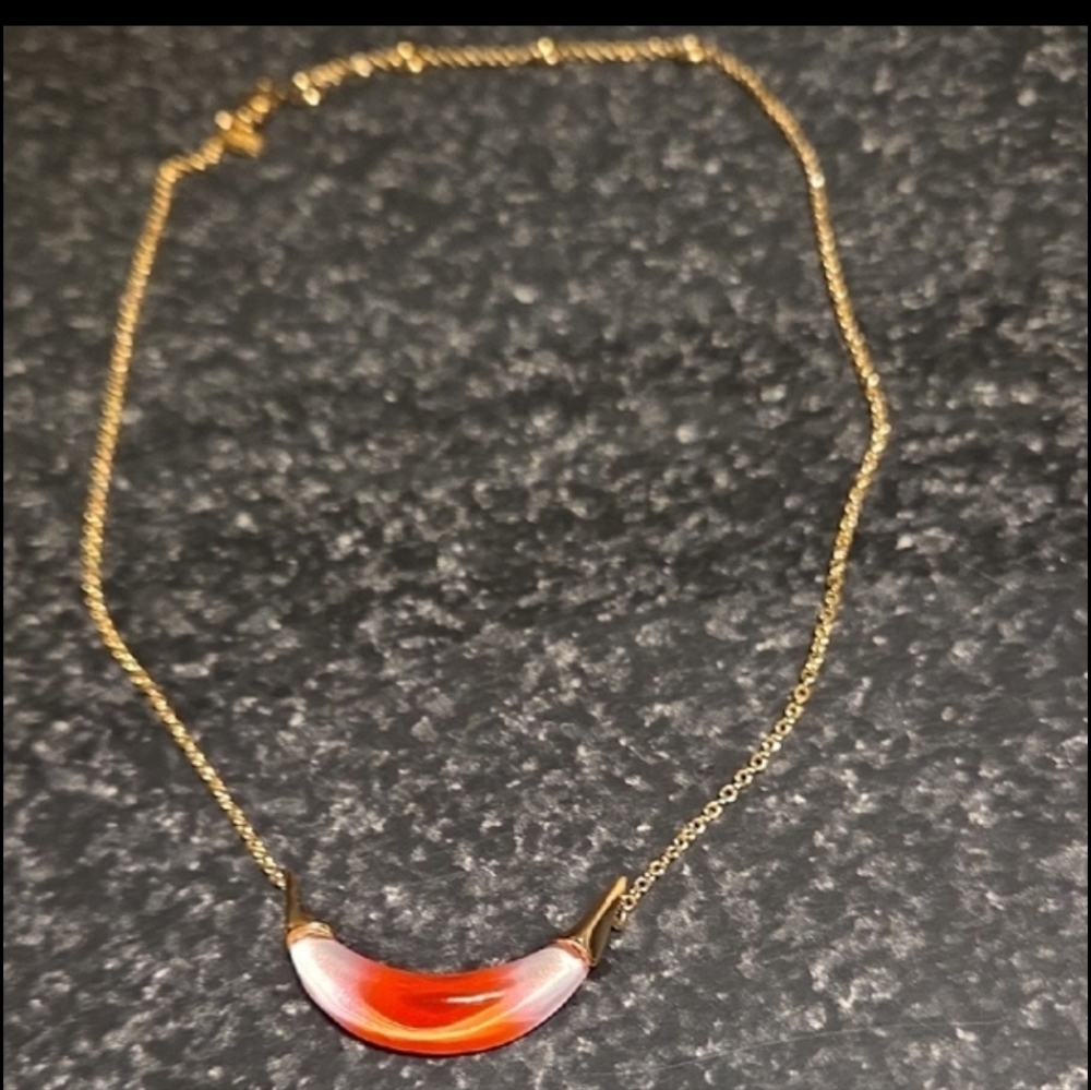 Alexis Bittar Gold Capped Crescent Moon Red Lucite Necklace 14k Goldplated - Picture 3 of 4